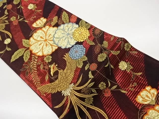紙布花に菊・鳳凰飾りつけ織出し全通袋帯【中古】【着】【袋帯】 宗sou