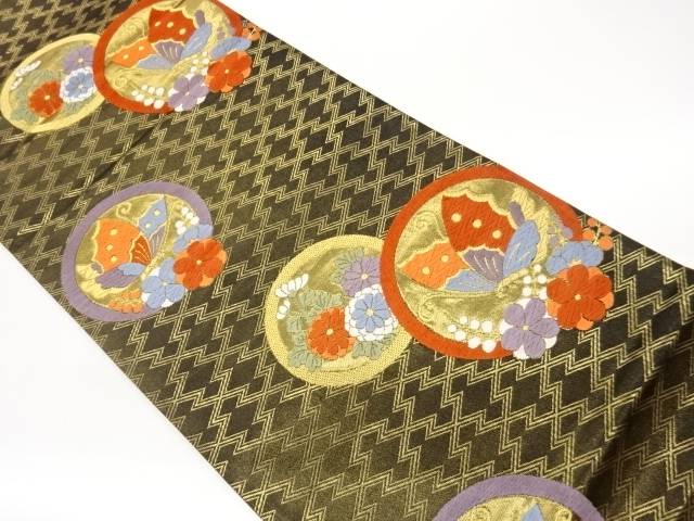 松皮菱に丸文・花蝶飾りつけ織出し袋帯【中古】【着】【袋帯】 宗sou