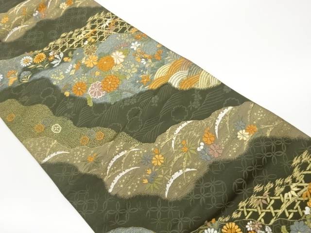 道長取に花々・雪芝・名著柄飾りつけ織出し袋帯【中古】【着】【袋帯】 宗sou