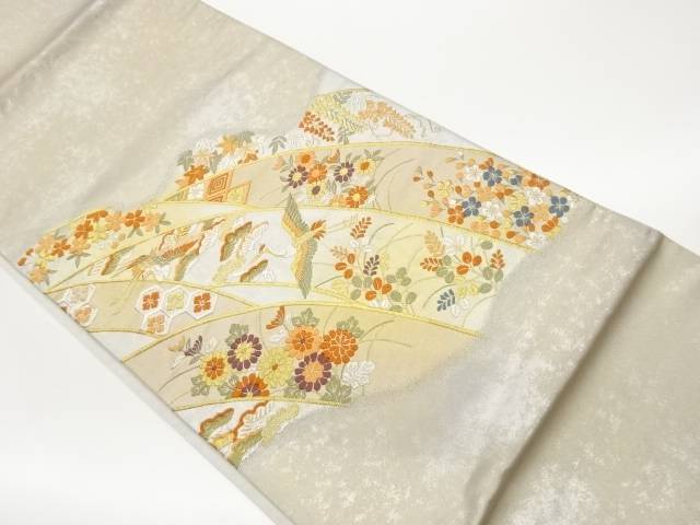鶴に顕花植物・菱・亀甲飾りつけ織出し袋帯【中古】【着】【袋帯】 宗sou
