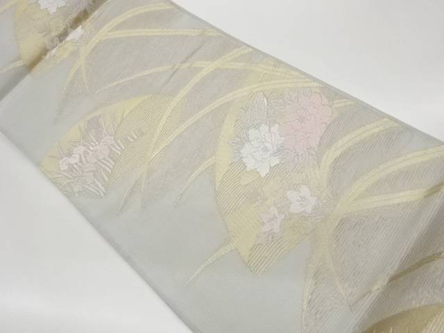 絽西洋紙に名取り草・桔梗・花ショウブ飾りつけ織り出し袋帯【中古】【着】【袋帯】 宗sou