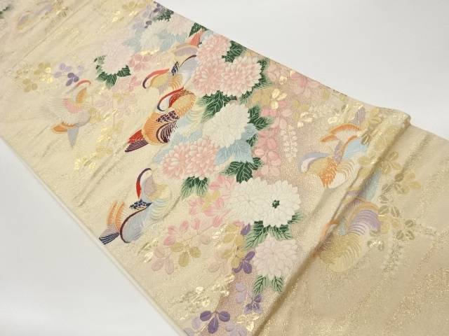 水筋に菊・桔梗・鴛鴦飾りつけ織り出し袋帯【中古】【着】【袋帯】 宗sou