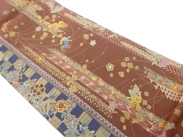 金彩名著柄に蝶・顕花植物飾りつけ全通袋帯【中古】【着】【袋帯】 宗sou