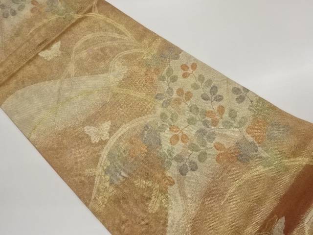 紗 山々に萩・草葉・蝶飾りつけ織出し袋帯【中古】【着】【袋帯】 宗sou