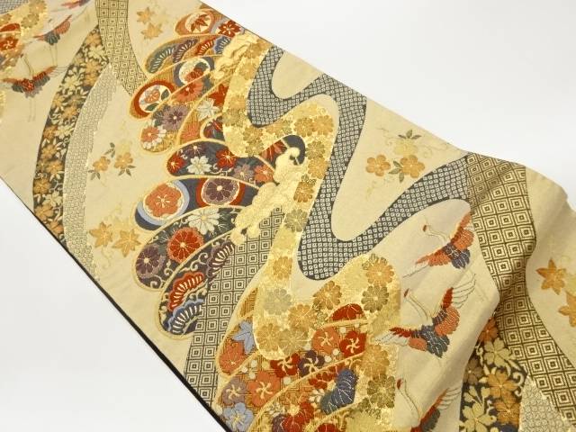 曲線状の形に顕花植物・鶴飾りつけ織り出し袋帯【中古】【着】【袋帯】 宗sou