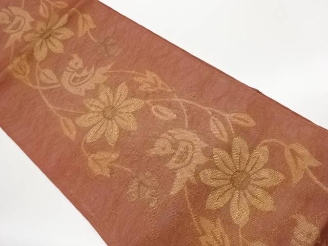 紗 花葉に一般化鳥飾りつけ織出し全通袋帯【中古】【着】【袋帯】 宗sou