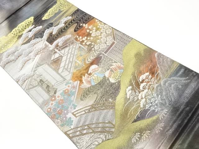 お屋敷に鴛鴦・顕花植物・橋飾りつけ織り出し袋帯【中古】【着】【袋帯】 宗sou