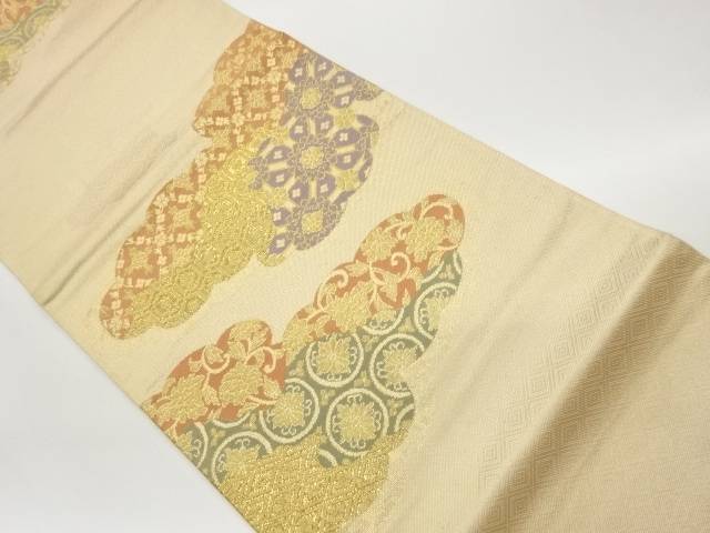 雲取りに花唐草・名著柄飾りつけ織り出し全通袋帯【中古】【着】【袋帯】 宗sou
