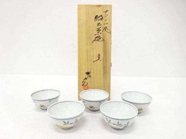 九谷焼 上出長右エ門造 彩画 曳き船 汲出茶碗 5客揃【中古】【道】 宗sou