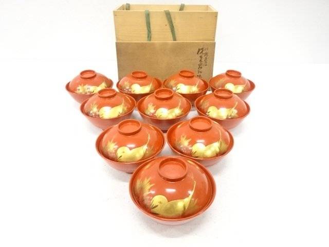 松鶴蒔絵 吸いもの椀 10客揃【中古】【道】 宗sou