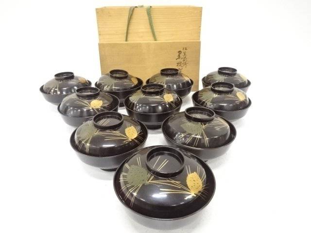 松ぼっくり蒔絵 黒椀 10客揃【中古】【道】 宗sou