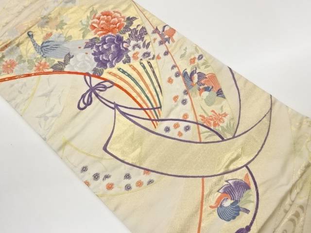 扇に花鳥飾りつけ織出し袋帯【中古】【着】【袋帯】 宗sou