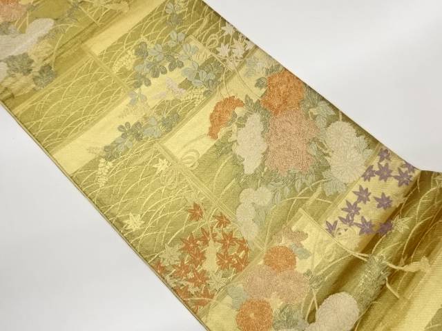 中仕切りに秋草飾りつけ織出し袋帯【中古】【着】【袋帯】 宗sou