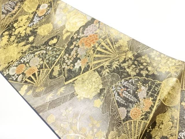 扇に波・花々模様織出し袋帯【中古】【着】【袋帯】 宗sou｜お茶道具・着物　【宗 sou】