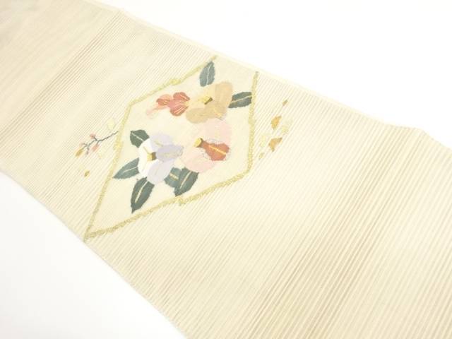 絽松皮菱に椿模様織り出し名古屋帯【中古】【着】【名古屋帯】 宗sou|お茶道具・着物 【宗 sou】