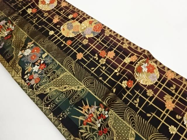 縞に雪輪・花葉模様織出し名古屋帯【中古】【着】【名古屋帯】 宗sou｜お茶道具・着物　【宗 sou】