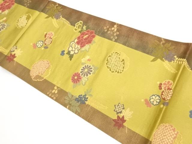 縞に雪輪・花々模様織出し袋帯【中古】【着】【袋帯】 宗sou｜お茶道具・着物　【宗 sou】