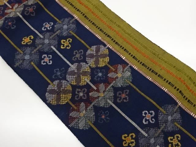 手織り紬変わり格子に抽象花々模様織出し名古屋帯【中古】【着】【名古屋帯】 宗sou|お茶道具・着物 【宗 sou】