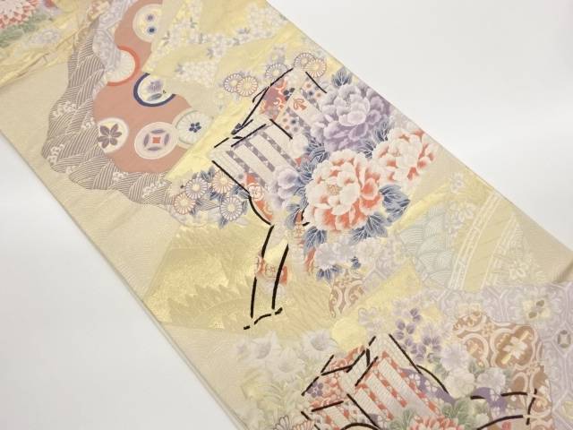道長御所車文に花々・古典柄模様織出し袋帯【中古】【着】【袋帯】 宗sou｜お茶道具・着物　【宗 sou】