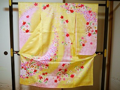 七五三 着物 四つ身 友禅「花ひめ」ブランド 黄色地-B 7歳用