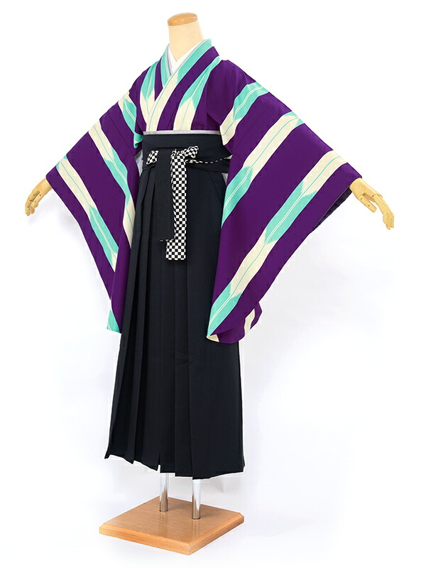 【10%OFF】袴 レンタル 卒業式 大学 レディース フルセット 袴セット 女性 紫 パープル 黒 矢羽根 矢絣 縞 ストライプ レトロモダン 大人 和服 着物セット140 150 160 170 創美苑 往復送料無料【マラソン限定クーポン】