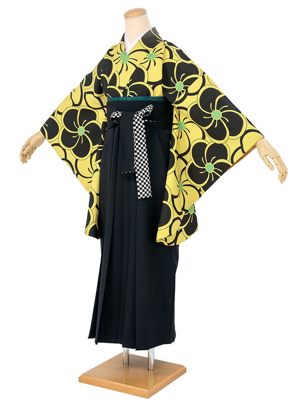 【10%OFF】袴 レンタル 卒業式 大学 レディース フルセット 袴セット 女性 黄色 イエロー 黒 ブラック 梅 花 市松格子 大人 和服 着物セット 140 150 160 170 創美苑 往復送料無料【マラソン限定クーポン】