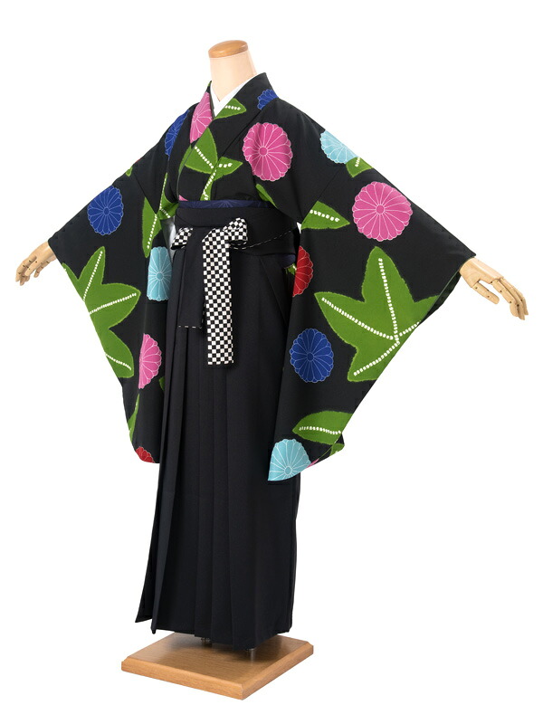 【10%OFF】袴 レンタル 卒業式 大学 レディース フルセット 袴セット 女性 黒 ブラック 緑 黒 菊 紅葉 花 鹿の子 紅一点 レトロモダン 大人 和服 着物セット 創美苑 往復送料無料【マラソン限定クーポン】