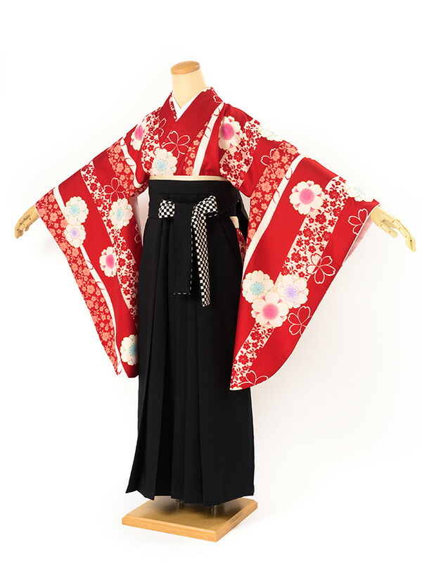 【10%OFF】袴 レンタル 卒業式 大学 レディース フルセット 袴セット 女性 赤 レッド 黒 よろけ縞 八重桜 サクラ 花 レトロモダン 大人 和服 着物セット 140 150 160 170 創美苑 往復送料無料【マラソン限定クーポン】