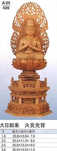 檀木 六角台 金泥書 大日如来 火炎光背(標準) 3寸|創寿苑 店