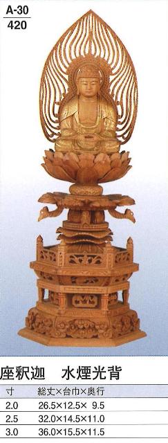 檀木 ケマン台 金泥書 座釈迦 水煙光輪（標準尺度） 3寸