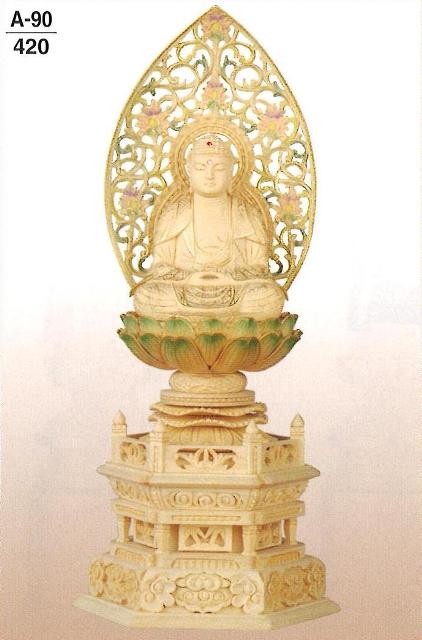 白木　六角台　淡彩色　金泥書　座釈迦　唐草光背（標準）　3.5寸