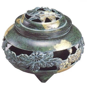 香炉 透し菊地紋（大） 【 青銅製・緑金色 】 【 高さ10.5ｘ幅12.3ｘ奥ふかさ12.3珊 】
