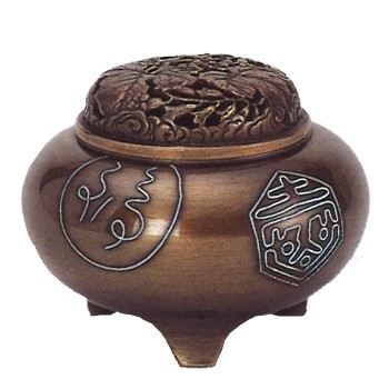 香炉 平丸型（福寿銀象嵌入） 【 瑞峰 作・喜作 刻 】 【 青銅製：蓋は蝋型青銅製・山吹色 】 【 高さ8.8ｘ幅10.3cm 】