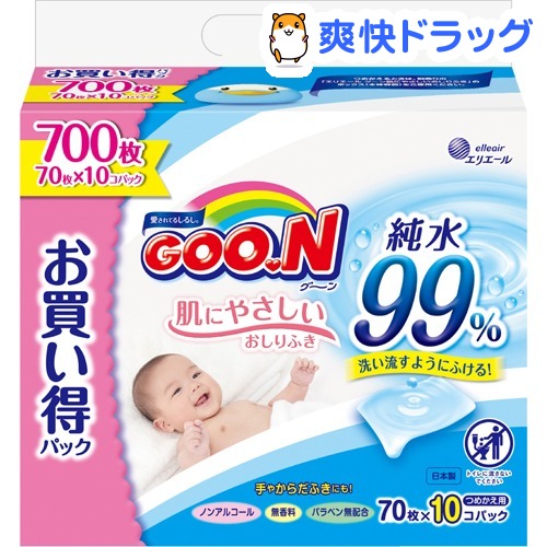 楽天市場 グーン 肌にやさしいおしりふき つめかえ用 70枚入 3コパック 12コセット グーン Goo N 爽快ドラッグ