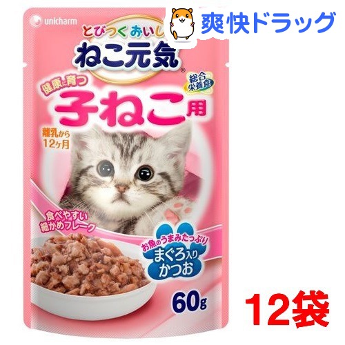 楽天市場 ねこ元気 総合栄養食 パウチ 健康に育つ子ねこ用 離乳から12ヶ月 まぐろ入りかつお 60g 12袋 ねこ元気 キャットフード 爽快ドラッグ