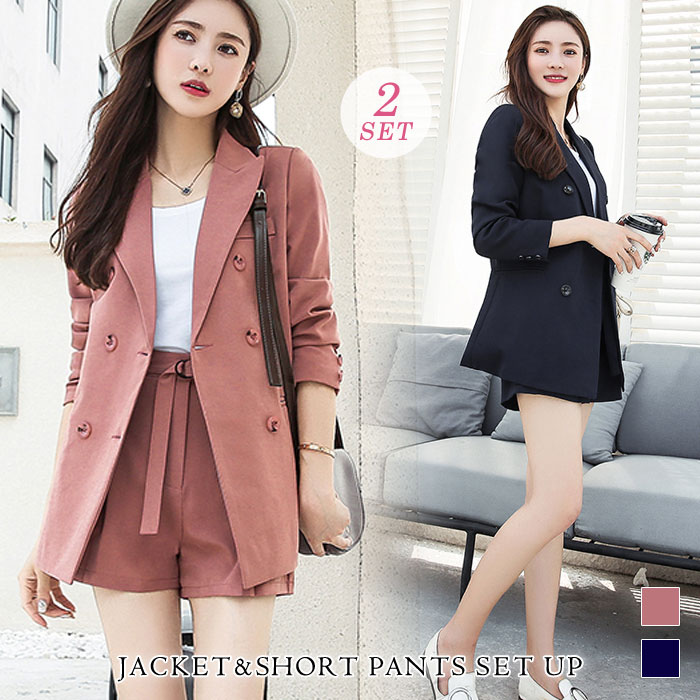 送料無料 セットアップ レディース スーツ 春 夏 春夏 紺 ジャケット 2点セット 上下セット ショート丈 ジャケット ショートパンツ アウター カジュアルジャケット ネイビー テラコッタ ショーパン きれいめ オフィス カジュアル 大人 代 30代 40代 Ol ママ 母 あす楽