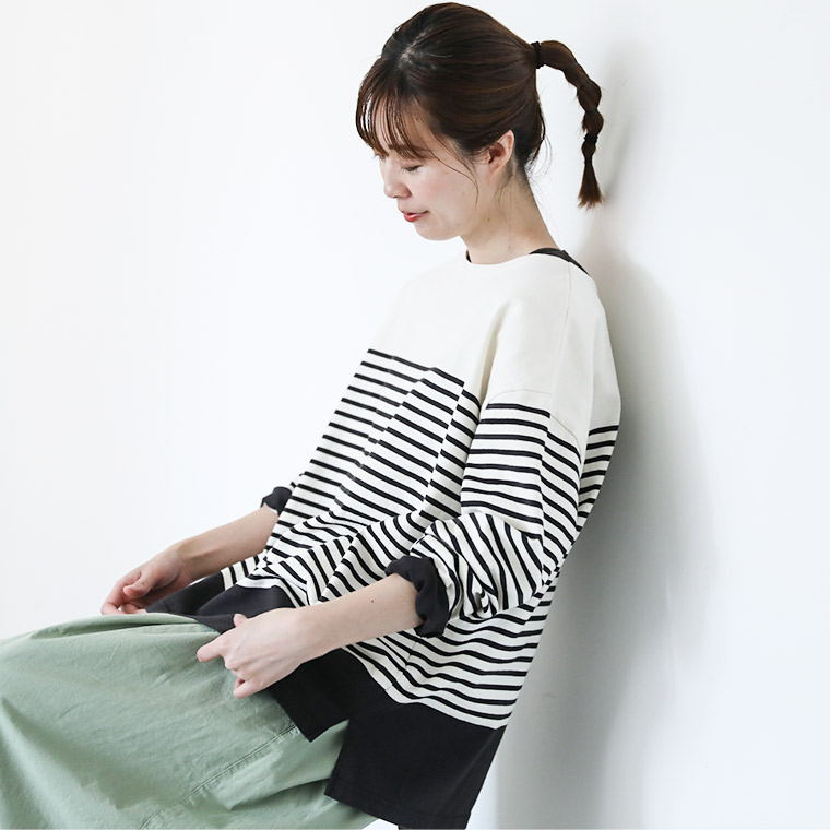 黒とキナリの、大人なボーダー。 M/L/LL/3L/4Lサイズ レディース/カットソー/バスクTシャツ/ロンT/プルオーバー/長袖/ボートネック/綿/コットン/トップス