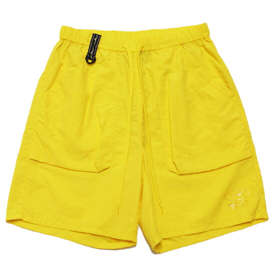 MANASTASH マナスタッシュ ナイロンショーツ ショートパンツ PARK SHORTS ストリート アウトドア ワイドシルエット ロゴプリント イエロー M L｜SOULSTYLE ソウルスタイル