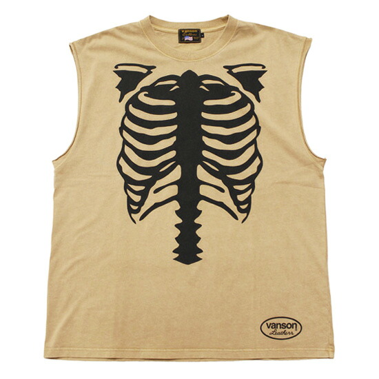 VANSON バンソン ノースリーブTシャツ マッスルT BONE PIGMENT DYED NO SLEEVE TEE ワイドシルエット ボーン プリント ウォッシュ加工 ベージュ M L｜SOULSTYLE ソウルスタイル