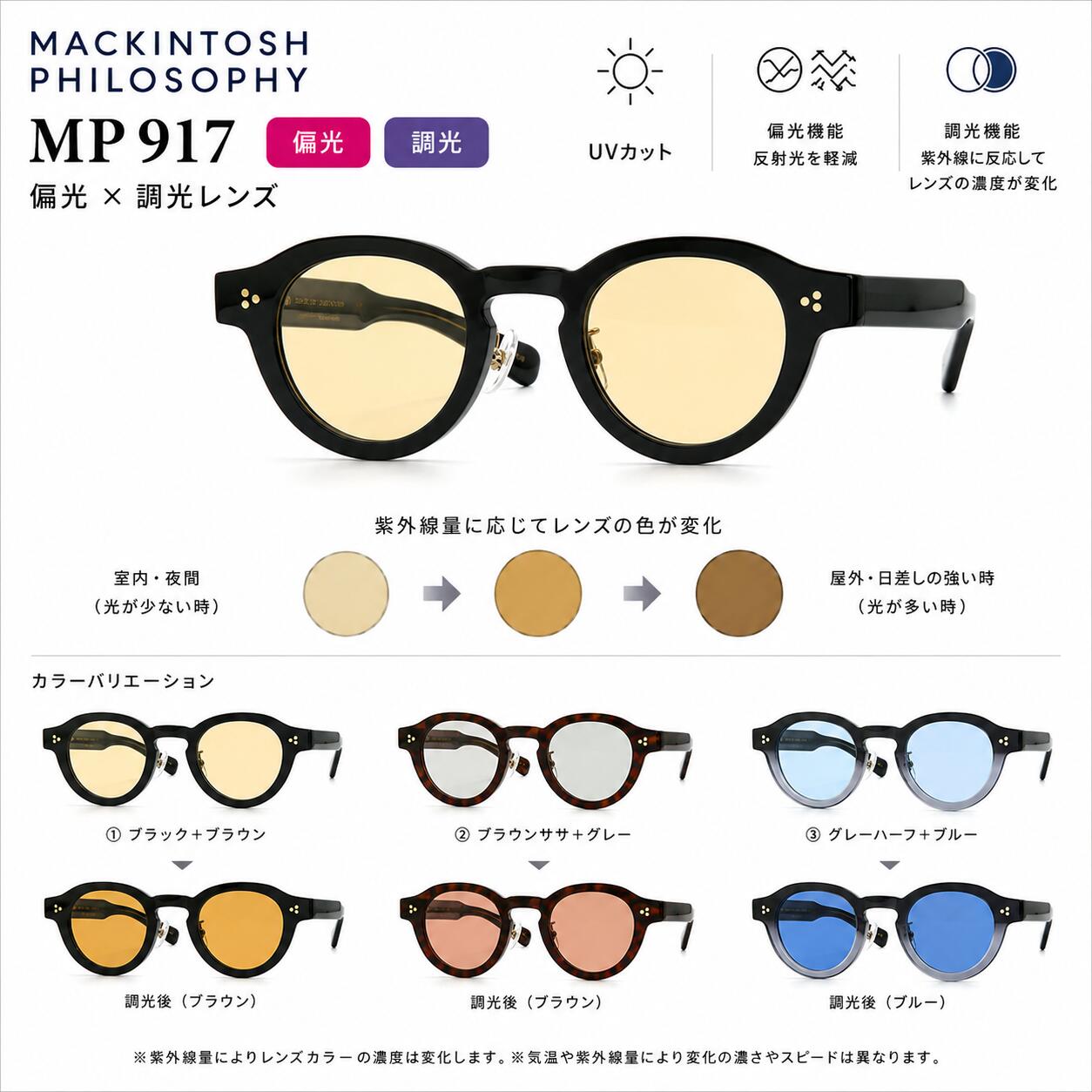 [偏光調光サングラス] マッキントッシュフィロソフィー 偏光&times;調光レンズ MP917 UVカット 紫外線量に応じてレンズの色が変化する偏光調光レンズ｜サウンドエース 8,250円