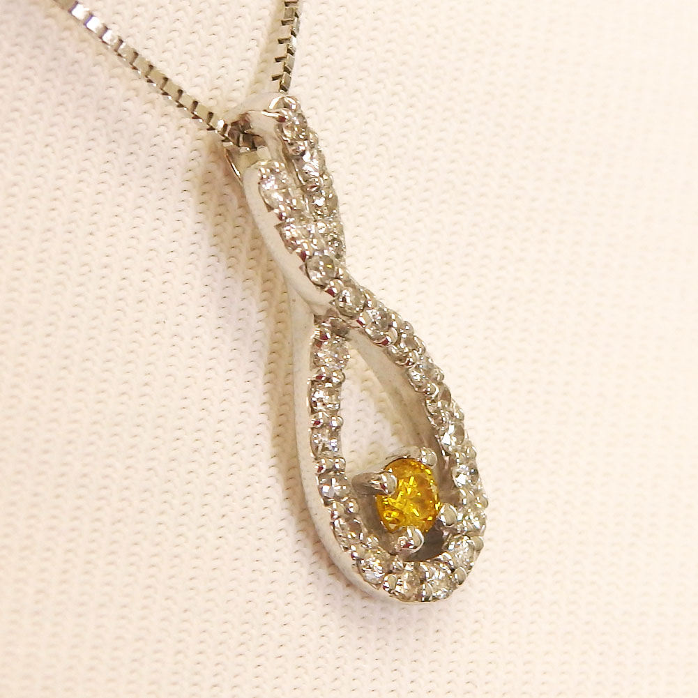 【ポイント5倍★お買い物マラソン】K18WG ファンシービビットイエロー ダイヤモンド ネックレス 0.052ct D0.14ct 鑑定書付 イエローダイヤモンド カラーダイヤモンド 18金 ホワイトゴールド 4月 誕生石