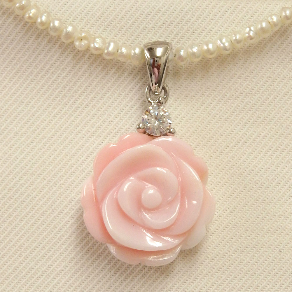SV コンクシェル 薔薇 ペンダントトップ 淡水パール ネックレス 45cm(アジャスター5cm含む) レディース プチプラ 可愛い 淡水 淡水真珠 パール 真珠 6月 誕生石 バラ ローズ｜真珠ジュエリー卸直販ピッコリーノ