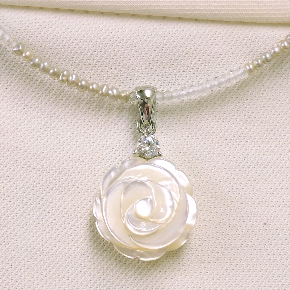 SV マザーオブパール 薔薇 ペンダントトップ 淡水パール ホワイトトパーズ ネックレス 45cm(アジャスター5cm含む) レディース 淡水 淡水真珠 パール 真珠 6月 誕生石 バラ ローズ