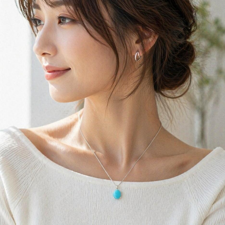 Pt900 トルコ石 ネックレス 2ctup 鑑別書付 希少 一粒 大粒 人気 シンプル アリゾナ産 ターコイズ 12月 誕生石 プレゼント ギフト パワーストーン 友情の石｜真珠ジュエリー卸直販ピッコリーノ