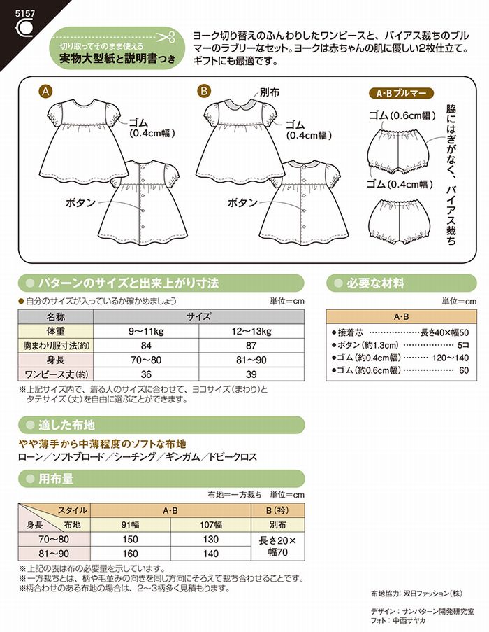 型紙 パターン No.5157 サンプランニング大人 フィットパターンサン ブルマ ブルマーつき ベビー ベビーワンピース ベビー女子 作り方 子供  洋裁 赤ちゃん 身長70〜90cm 最大71％オフ！ ベビーワンピース