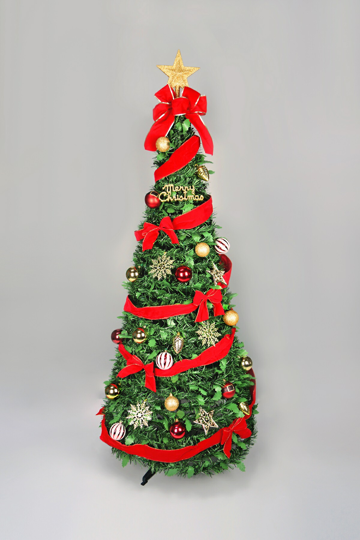 【クリスマス】LEDフォールディング リボンツリー H180×φ80mm / ファミリーセットツリー180cm　LED球40球付きオーナメントセット　H180cm　/　クリスマスツリー 180cm 折りたたみ式簡単 設置楽 店舗装飾 ディスプレイ アイキャッチ イベント パーティー 催事