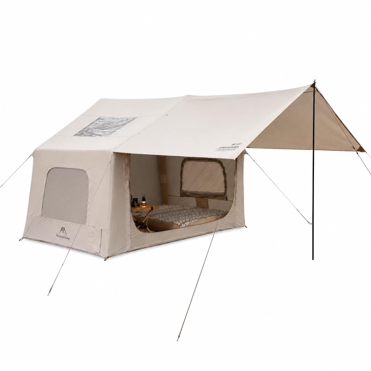 公式Mountainhiker エアテント 8 310&times;245&times;225cm 小屋型 3~4人用 前室一体型タープ付き 簡単設営 エアフレーム構造 TPU天窓 シルバーコート 遮熱・UVカット 耐水圧3000mm ベージュ｜sousyou22
