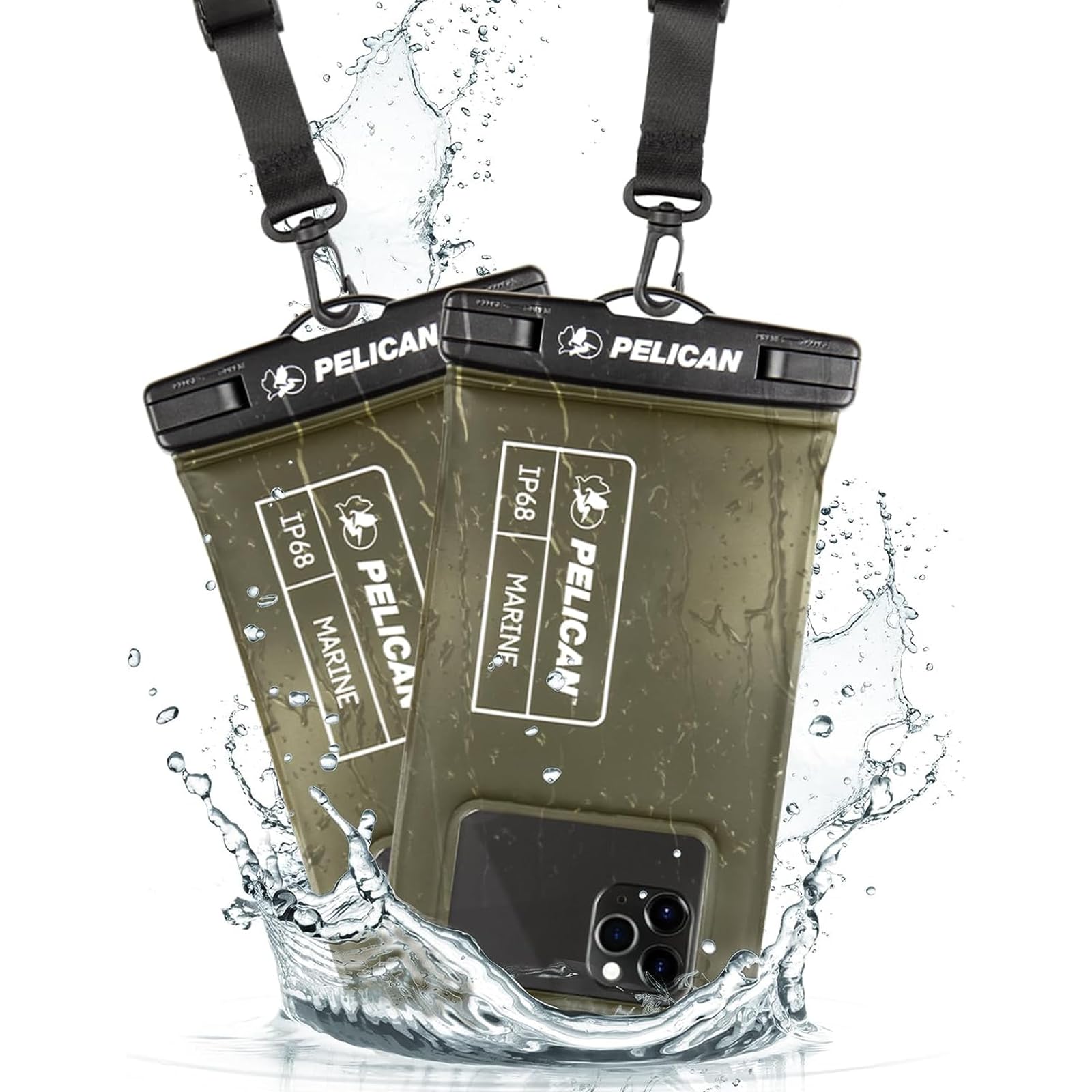 Pelican IP68 (防塵防水規格最高等級) ペリカン スマホ 防水ポーチ 防水ケース ノーマルサイズ 2個セット 〔最大 6.7 インチ スマートフォン対応〕 Marine Waterproof Floating Pouch Olive Gree｜sousyou22