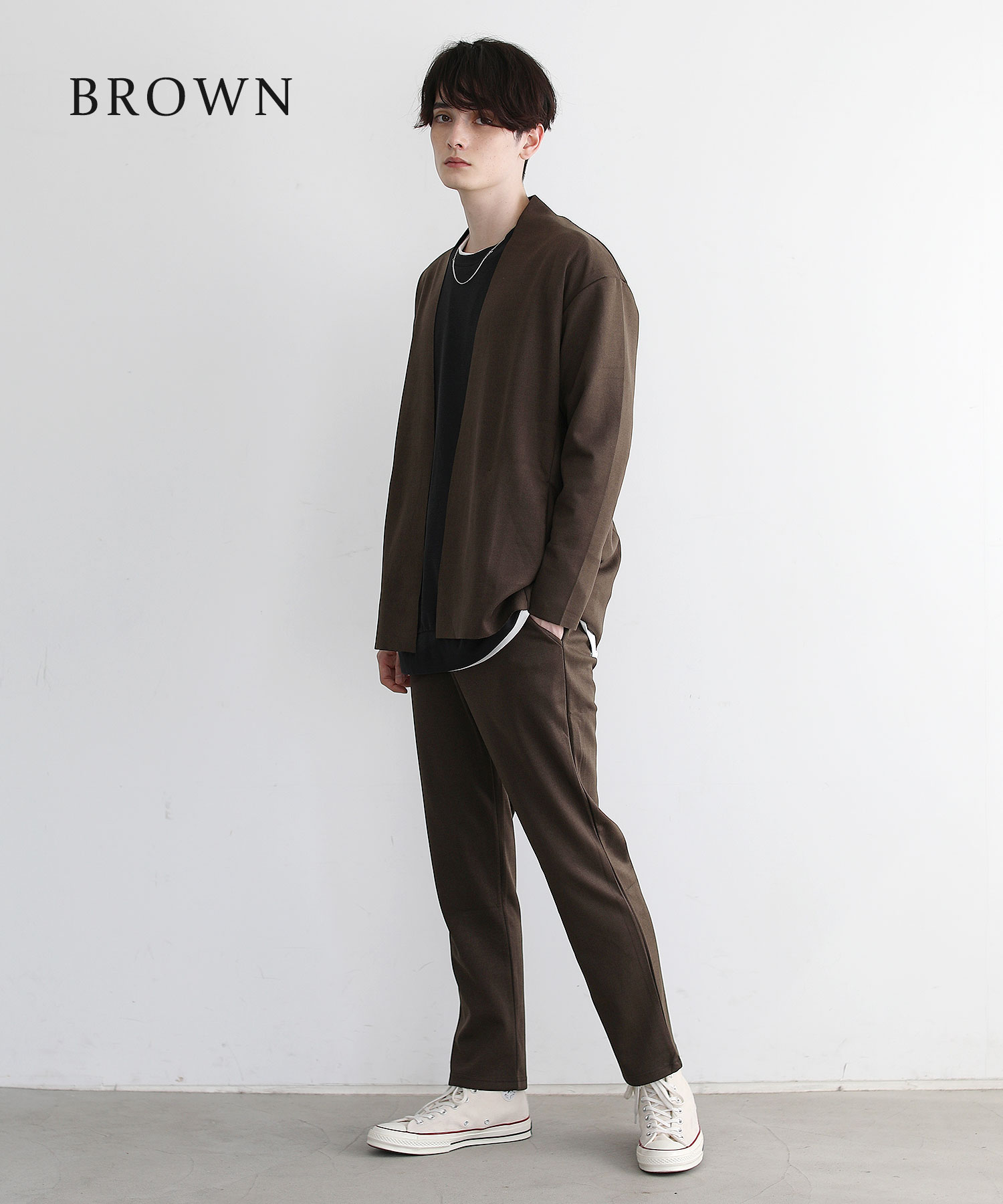 セットアップ メンズ ノーカラーカーディガン イージーパンツ テーパードパンツ メンズファッション 上下セット 秋 秋服 冬 冬服 ブラウン チャコールグレー ブラック ベージュ モカ ネイビー ピーチスキン ポンチ 2点セット ストレッチ 伸縮 保温性 S M L Xl Pnima