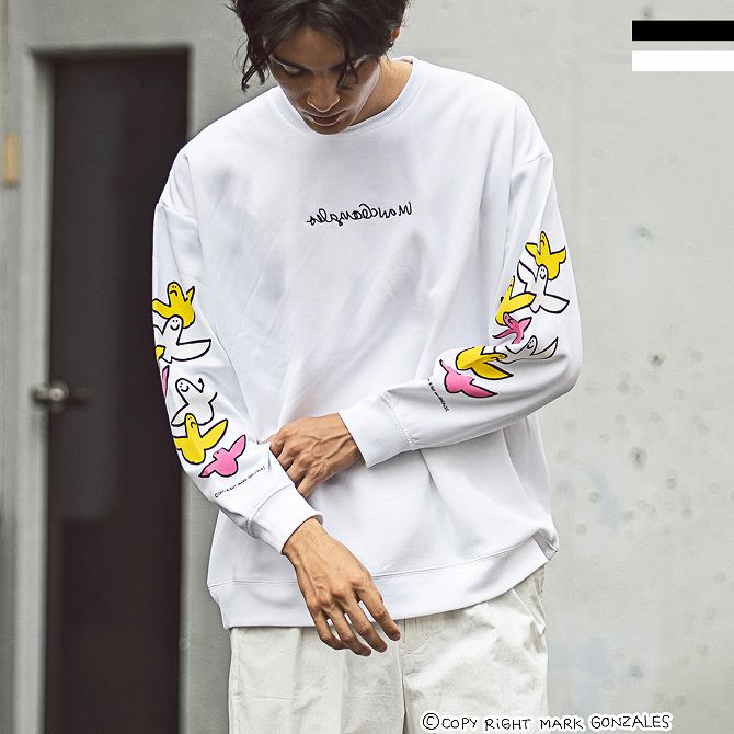 Mark Gonzales マルク ゴンザレス プリントスウェットプルオーバー 長袖 シャツー カットソー メンズ 街路 かっこいい 格好良い 銘柄 Brainhackers Com